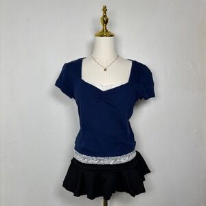 just polly y2k 2000s blue white lace knit crop top cottage coquette softgirl